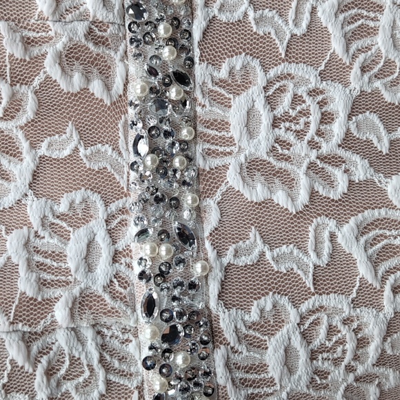 Long Lace Dress with Cutaway Bodice and Slit Skirt - Picture 4 of 14